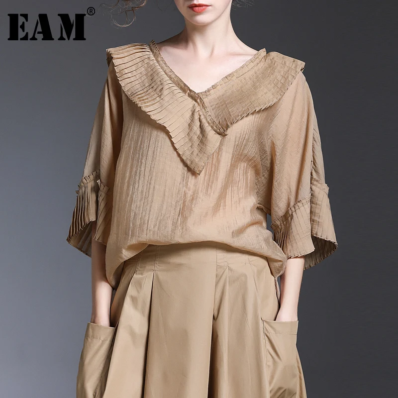 

[EAM] 2019 New Spring Summer V-collar Three Quarter Sleeve Ruffles Brief Temperament Loose Shirt Women Blouse Fashion Tide JX253