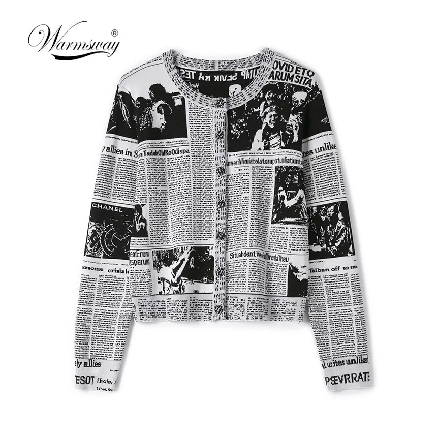 WARMSWAY Luxury Brand Newspapar Intarsia Cardigan 2018 Autumn Female Soft Loose Vintage Letter Knited Sweater Outerwear C-159