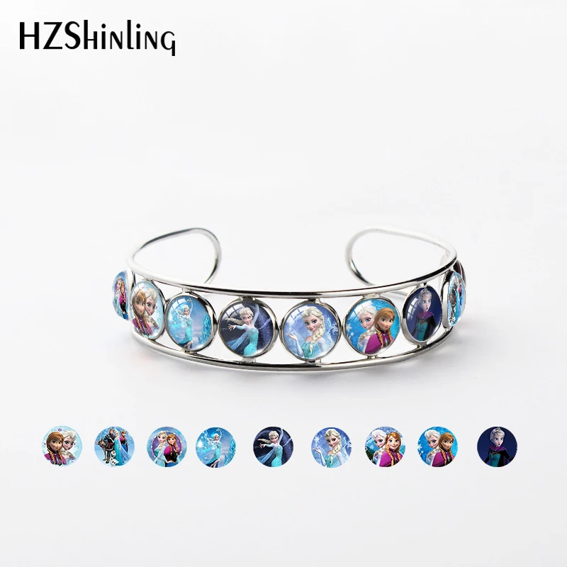 

HZSHINLING Hot Sale Cute Cartoon Elsa and Anna Best Friend Bracelet Bangle Jewelry Fashion Silver Glass Dome Bracelet