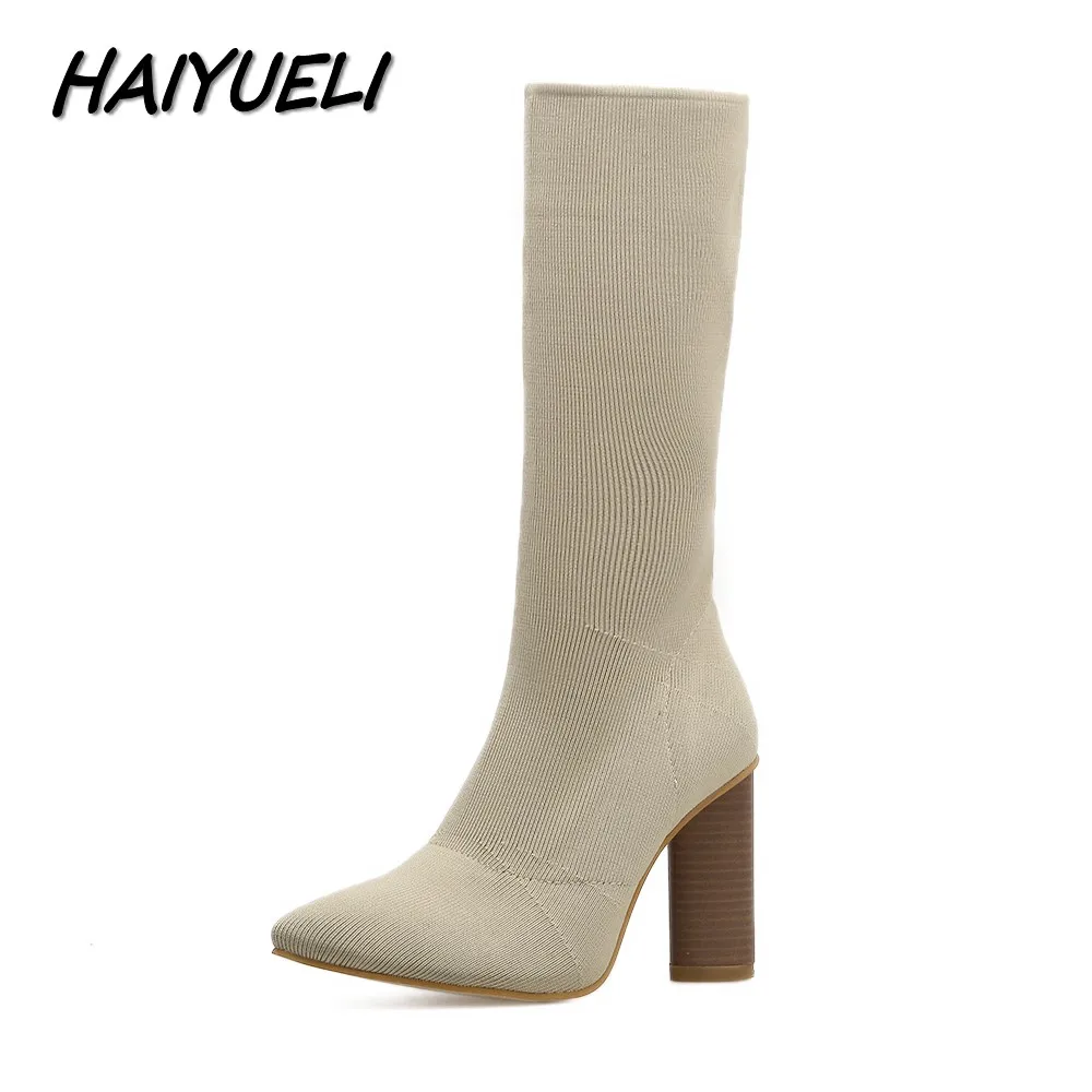 

HAIYUELI Autumn Winter Women Knee-High Boots Shoes Woman Fashion Winter Shoes Star Pointed Toe Thick Heel Stretch Knitting Boots