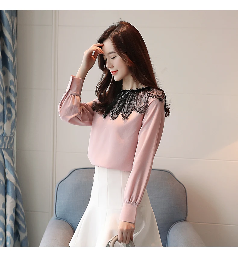 Повседневная Новая модная женская блузка шифоновая блуза женская с длинным рукавом Однотонная Розовая блуза белая 0869 30