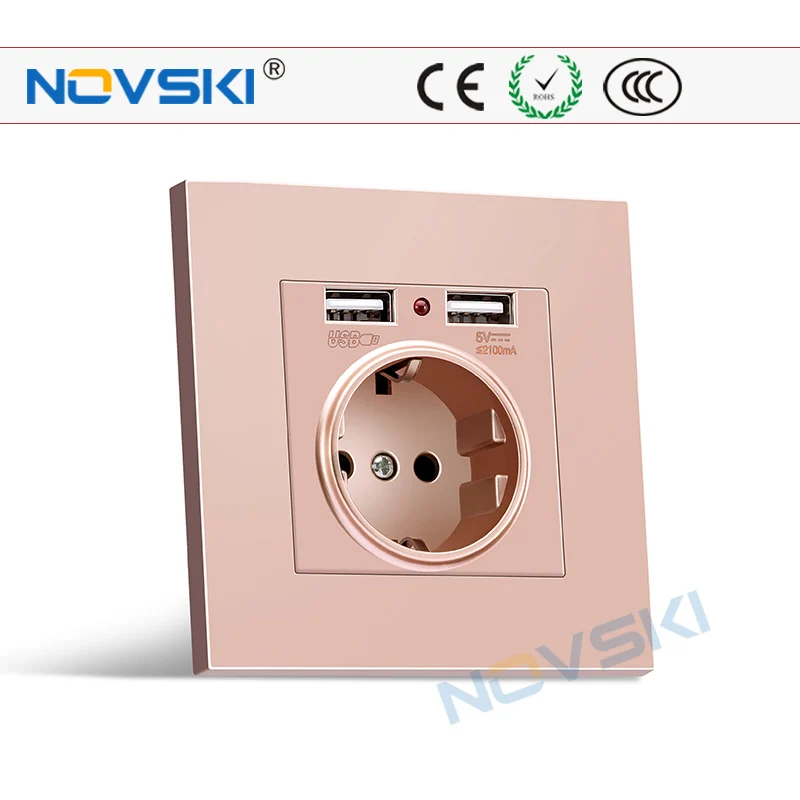 

NOVSKI European 16A Power Dual USB Wall Charger Outlet Socket AC 110-250V Schuko F Plug / French Type CE Rohs CCC Certified