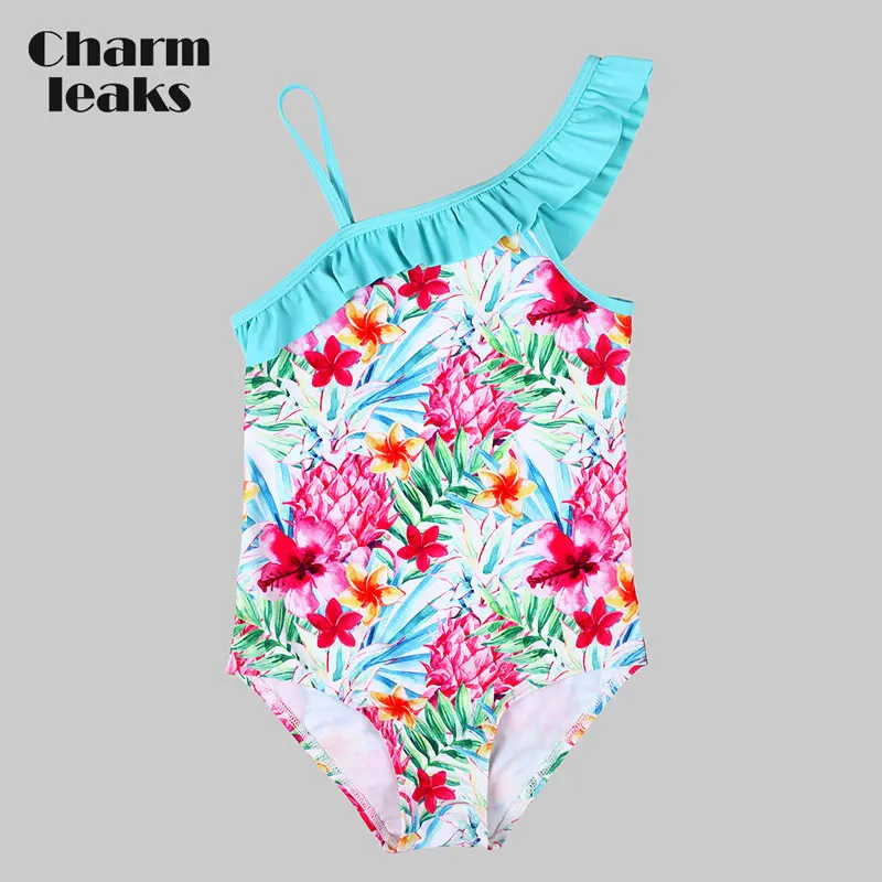 Charmleaks/цельные купальники для девочек с цветочным принтом на одно плечо Купальники для малышек Дети рюшами милые бикини пляжная одежда - Цвет: PAQ