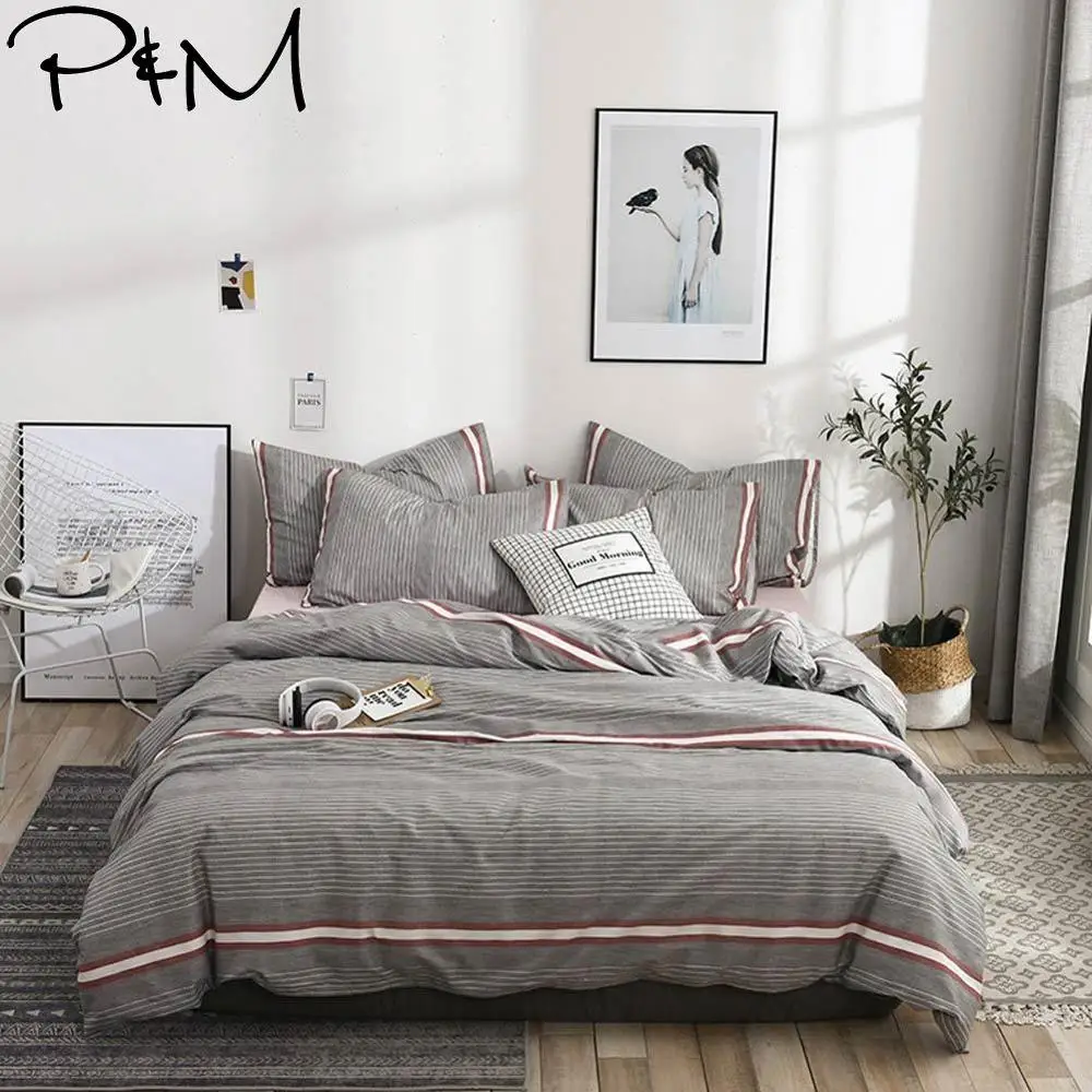 

2019 PAPA&MIMA Grey Stripes Print Scandinavian Duvet Cover Set Queen King Customize Size Cotton Bedlinens Bedding Sets