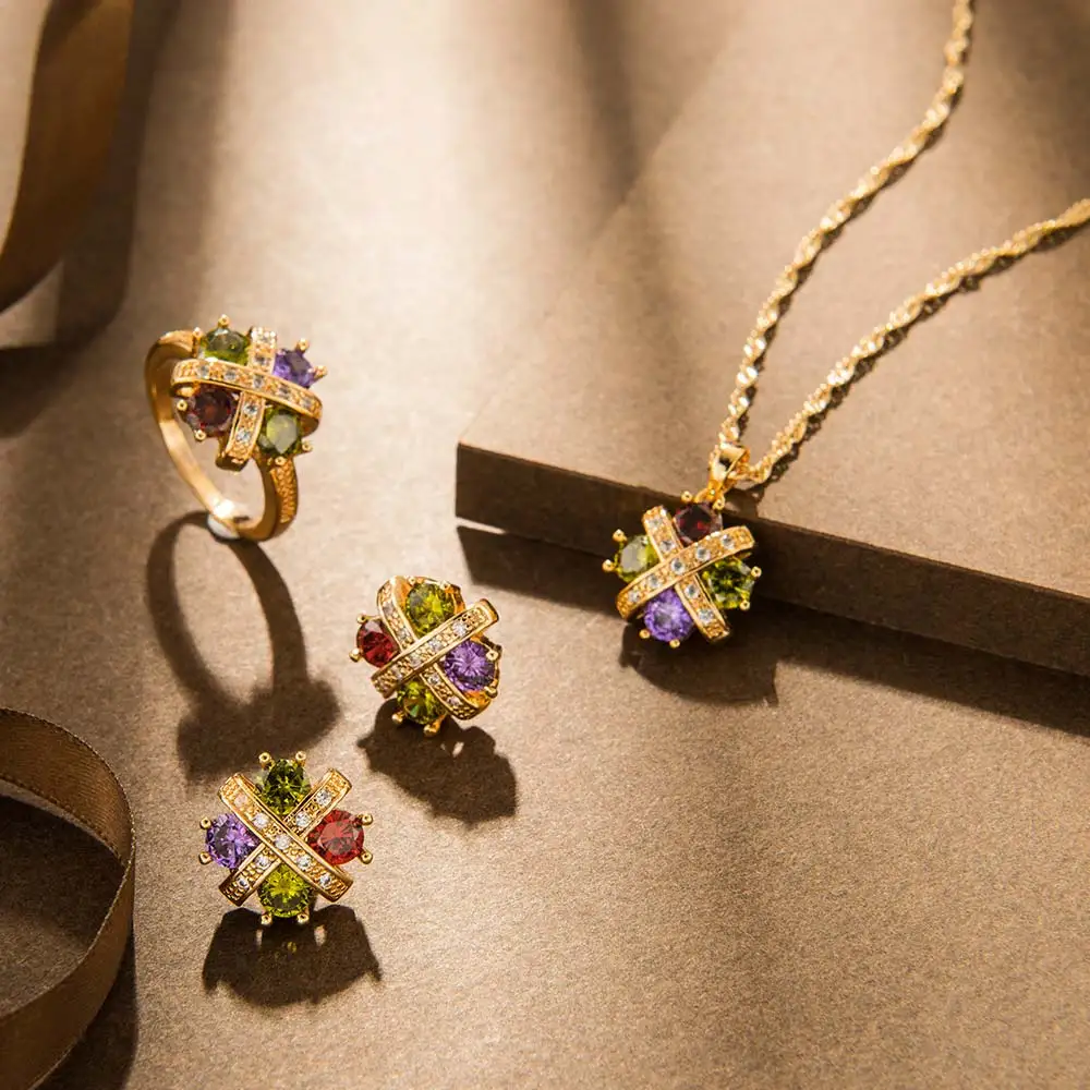 

Qggle Colorful Rhinestone Jewelry Sets for Women Gold Color AAA+ Zircon Pendant Necklace Earrings Bracelet Jewelry Set