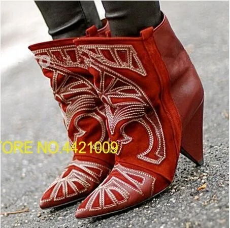 

Black Red Dress Boots Totem Embroidery Boots Top Quality Slip-On Mid Calf Boots Zapatos Mujer Mixed Color Spike Heels Boots