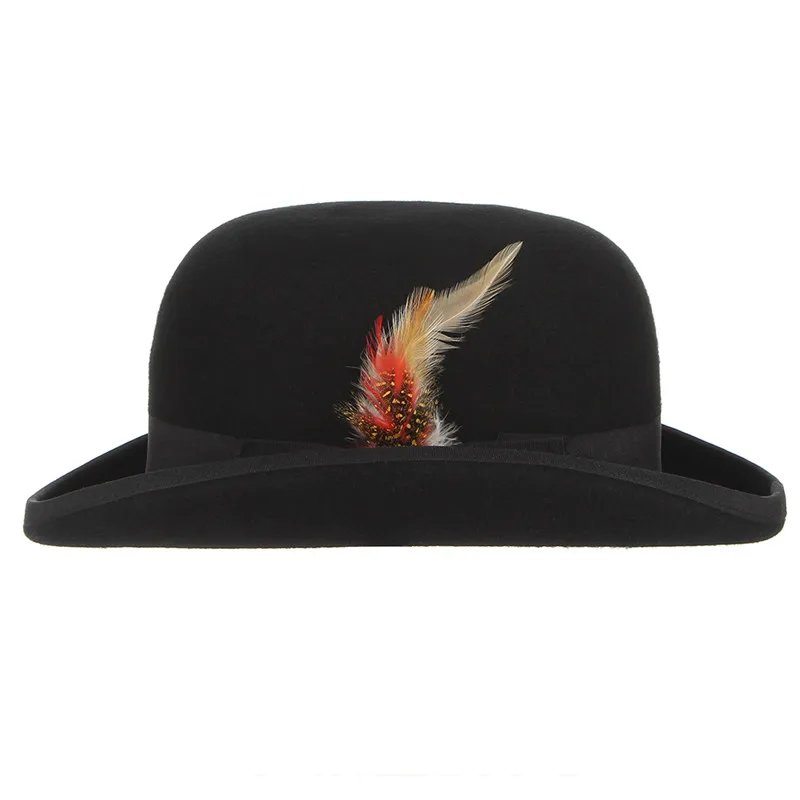 GEMVIE 4 Sizes 100% Wool Felt Black Derby Bowler Hat For Men Women Feather Satin Lining Casual Formal Fedora stetson fedora