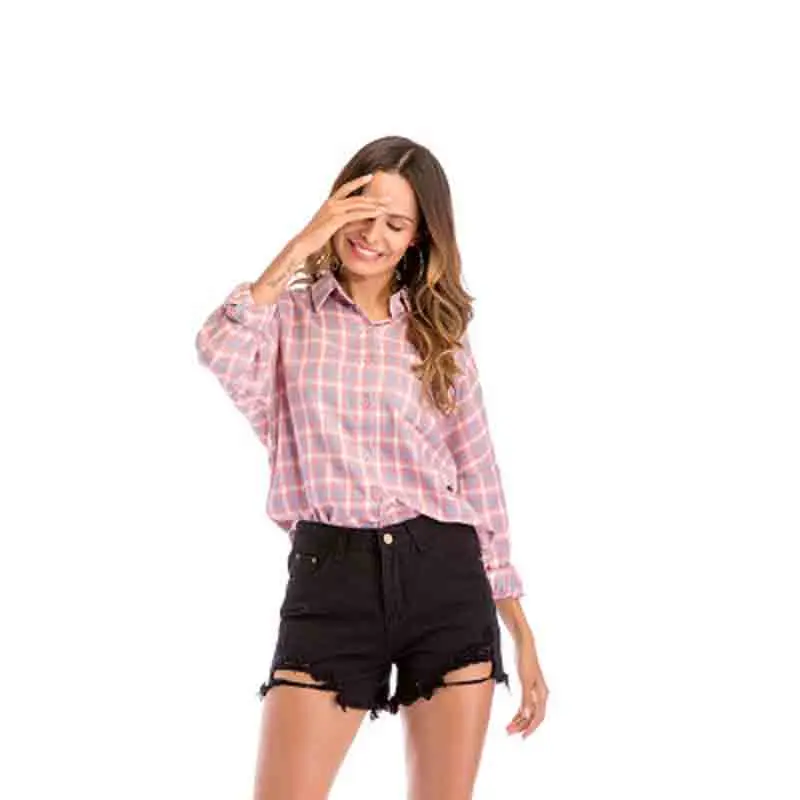

Women's shirt 2019 European and American women's checked shirt women's Lapel sleeve shirt loose size women's wear sexy
