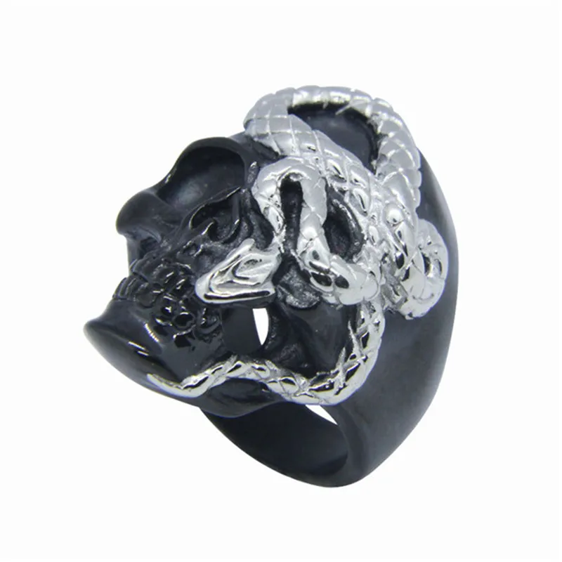 Rany&Roy Dropship Size 7-15 Black Golden Skull Ring 316L Stainless Steel Fashion Hiphop Style Snake Skull Ring