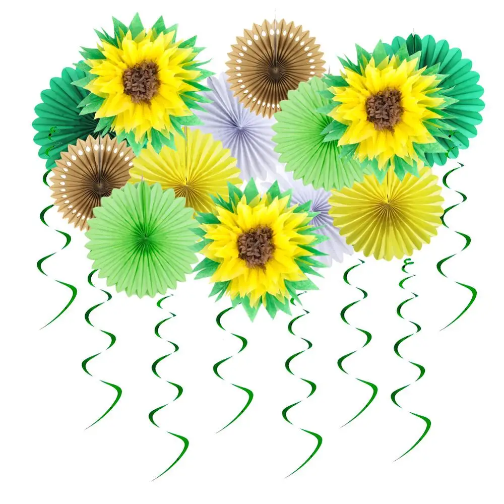 

12pc Summer Party Decorations Sunflower Pom Poms Hanging Swirls Paper Fans Tropical Hawaiian Luau Sunshine Birthday Shower