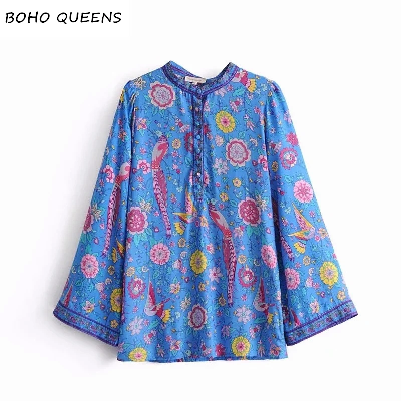 

Vintage chic fashion Women Bohemian peacock floral print long sleeve blouse shirt loose harajuku knited Boho beach shirts blusa