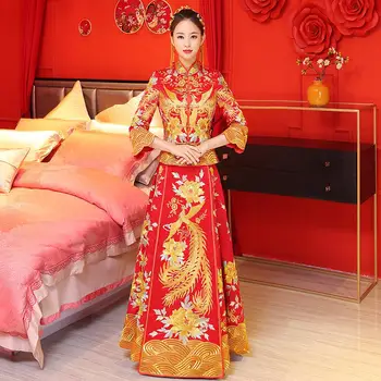 

Chinese Traditional Marriage Cheongsam Phoenix Flower Embroidery Asian Bridal Wedding Dress Vintage Exquisite Design Qipao Suit
