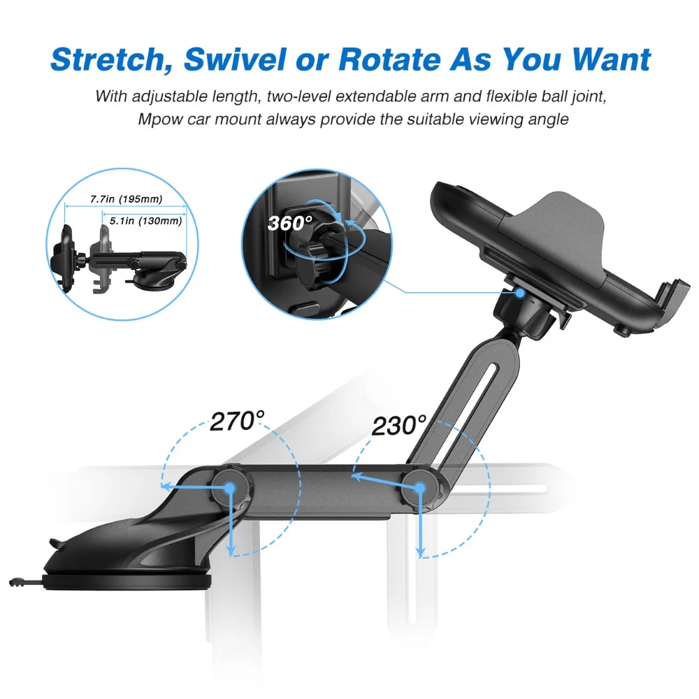 Mpow CA076 Автомобильный держатель для мобильного телефона на приборную панель, Регулируемый универсальный держатель для мобильного телефона для автомобиля, растягивающаяся Поворотная подставка для телефона iPhone Xs Xr 8 7