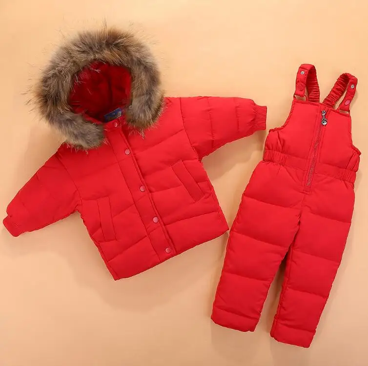HYLKIDHUOSE/коллекция года; комплекты зимней одежды для маленьких девочек и мальчиков; ветрозащитные костюмы для малышей; теплые пуховые пальто+ комбинезон; Детские костюмы - Цвет: Красный