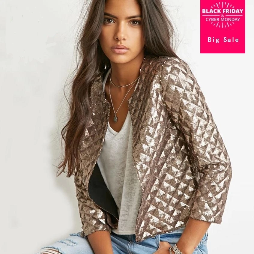 2017 Brand New Spring Style Vogue Lozenge Women Gold color Jackets