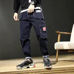 Японский стиль Модные для мужчин джинсы для женщин большой карман свободный крой штаны-карго Homme свободные брюки уличная эластичный хип