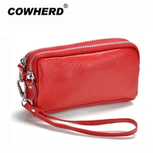 Genuine Leather Women Coin Purse Double Zipper Mobile Bag Lady Clutch Wristlet Bags, easy for carry clutches, Wholesale
