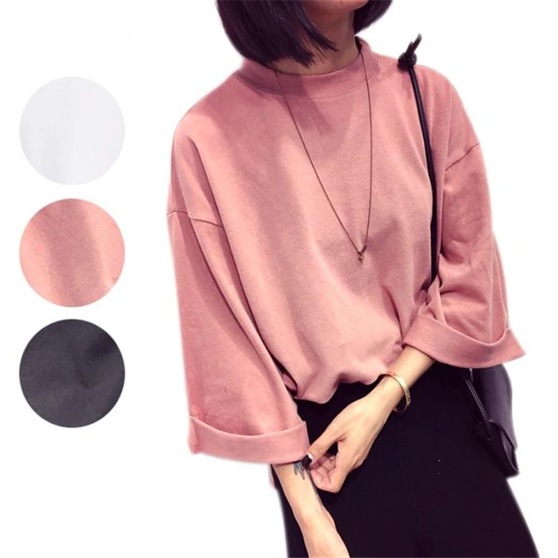 

Spring Autumn Korean Women Shirt 3/4 Sleeves Solid Color O Neck Slim Tops Lady Girls Loose Casual Pullover IK88