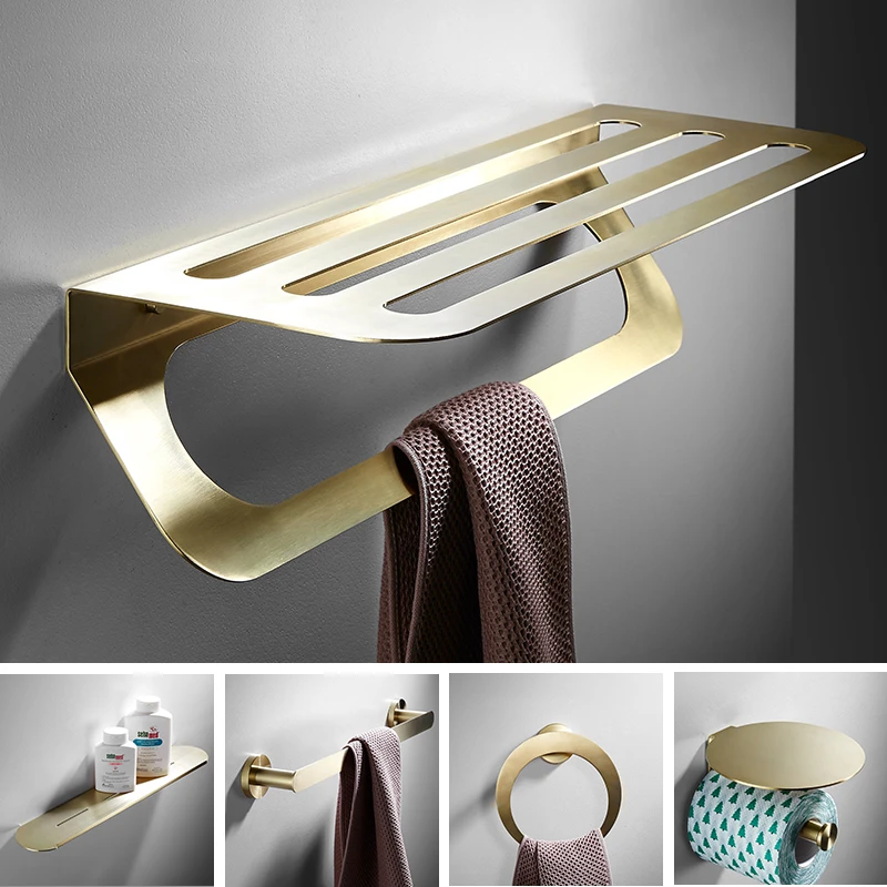 Bathroom Accessories Set Brushed Gold Towel Rack, Corner Shelf, Toilet Roll Holder, Toilet Brush Holder Wall Mounted Robbe Hook