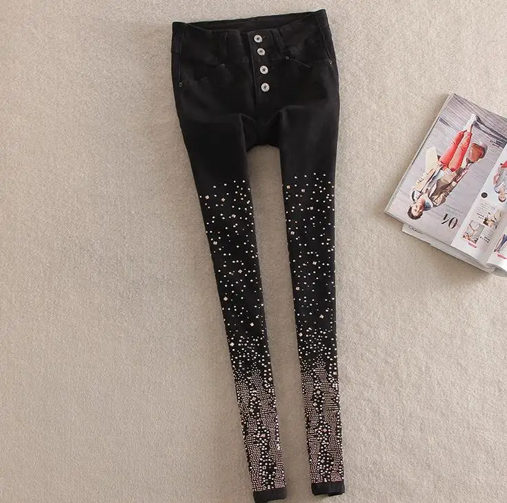 New cotton jeans women Rhinestone high waist single breasted denim pants feet pencil pants plus size New cotton jeans women Rhinestone high waist single breasted denim pants feet pencil pants plus size