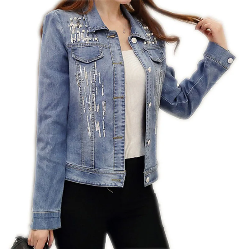 Джинсовые пальто с бисером блестками Джинсовая куртка Женская мода Chaqueta Mujer 2017 Slim