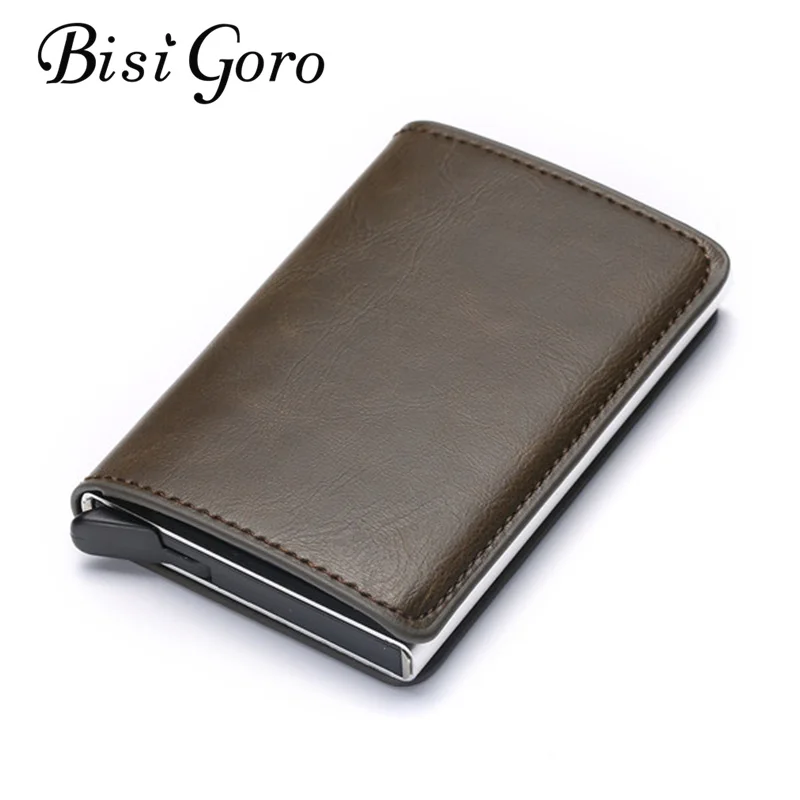 Bisi غورو 2019 الأعمال حامل بطاقة الائتمان للجنسين المعادن RFID خمر واحدة مربع مجنون الحصان بو الجلود بطاقة المحفظة دروبشيبينغ