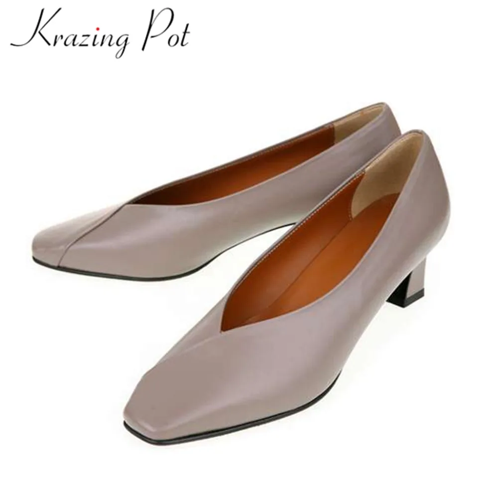 Elegante L01 Cuero Tacones Británico Deslizamiento Cuadrado Abuela Pie Krazing En Estilo Genuino Vintage Beige Con Med Dedo De negro Fiesta Saliendo Glamour Bombas Olla Del gris EqXwBXP