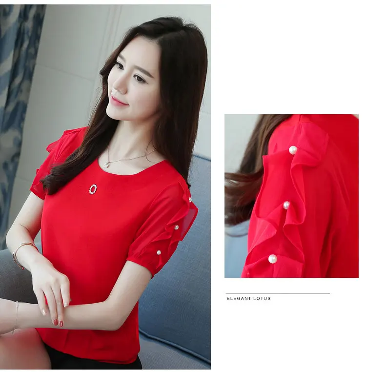 2018 Newest Beading Top Ladies Chiffon Blouse Women Tops O-neck Short Sleeve Femme Shirts Summer Red Blusas Mujer Verano Moda (4)