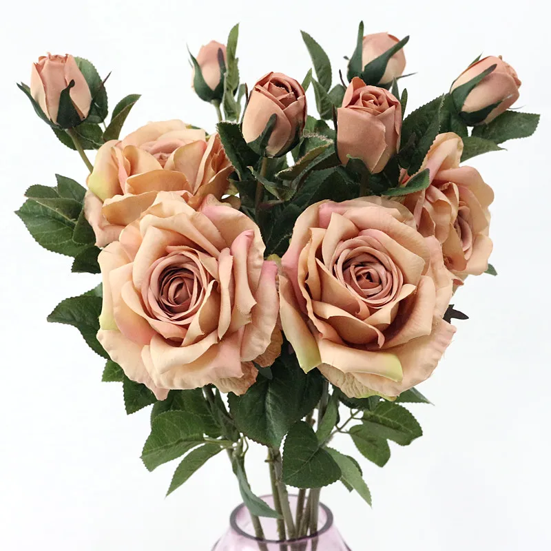 Flone 2 Heads Artificial Rose Silk Flower Fake Leaf Long Rose Buds Artificial Flowers Bouquet Home Wedding Party Decor Gift (11)