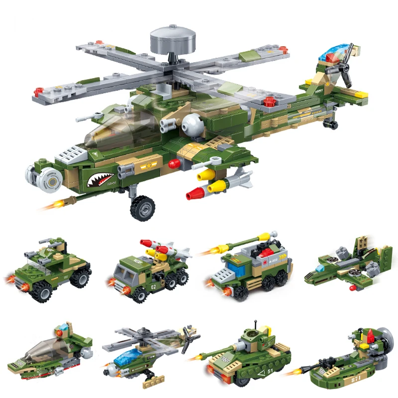 

8 IN 1 Helicopter Blocks Military Tank Vehicle Building Blocks Compatible Legoed Army WW2 Bricks Educational Toys For Children