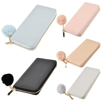 

Solid Color Women Leather Long Wallet Pompom Zip Clutch Card Holder Purse