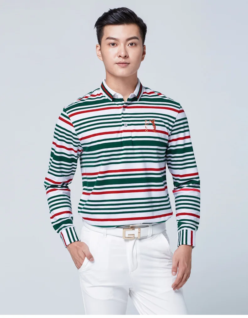 

Autumn and winter long-sleeved Golf Shirts men green striped turndown collar golf polo shirt 100% cotton High Quality Sportswear