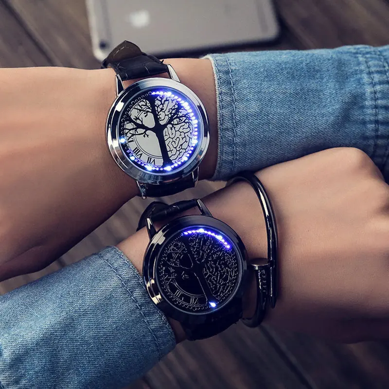 Модные Элегантные Синие Гибридный Сенсорный экран светодиодный часы с 60 синий светодиодный свет высокого класса дизайн кожаный ремешок Поддержка сенсорный Экран