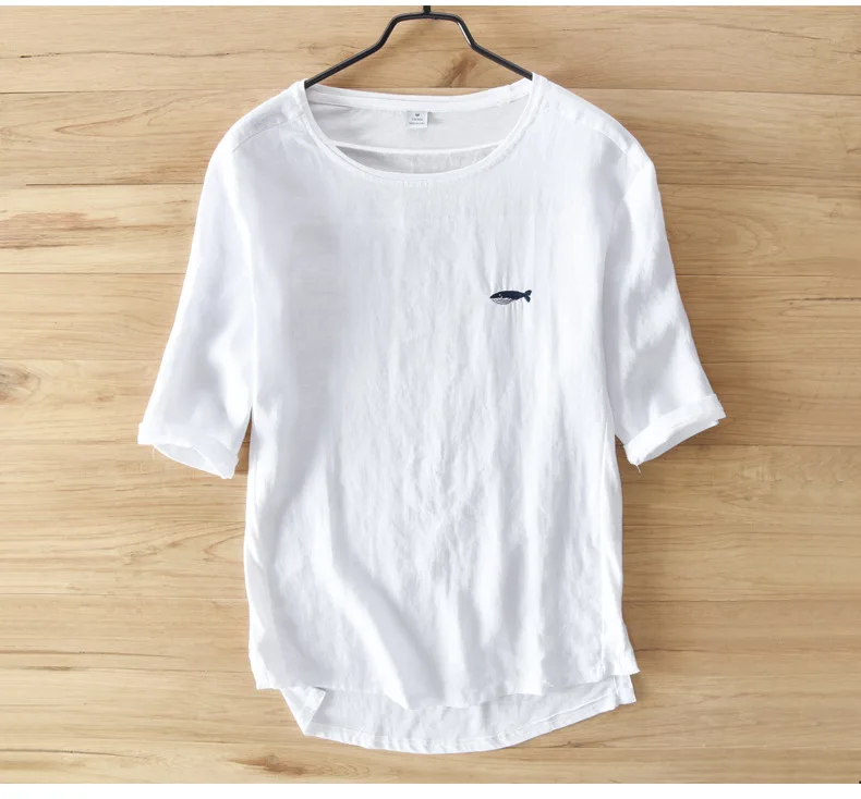 Men Cotton Linen Short Sleeve Tshirts White Small Fish Embroidery T Shirt Casual O-Neck Man Tees Y1702