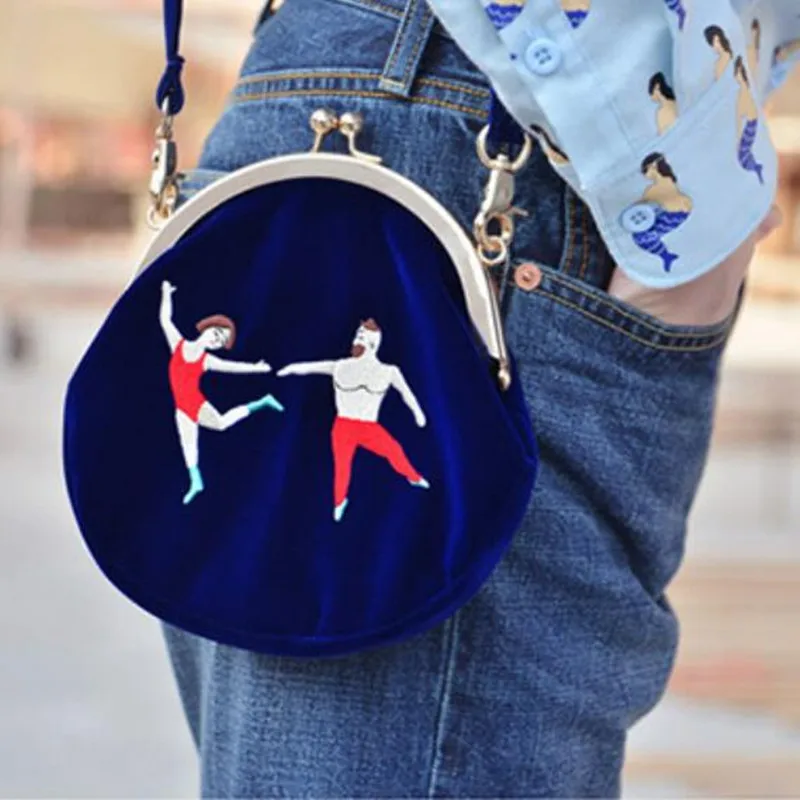 Velvet Bag women Vintage bag Velvet Embroidery Women Messenger Bags In Semi-circle Round Shape Original Designed