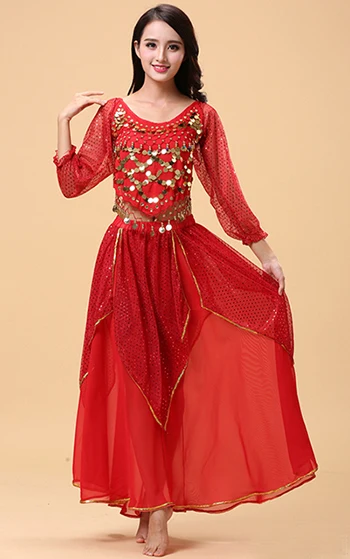 Комплект из 2 предметов, взрослый костюм для танца живота, индийский Египетский Болливудский танцевальный костюм, индийское платье, Женский танцевальный костюм для танца живота, комплекты для выступлений - Цвет: Красный