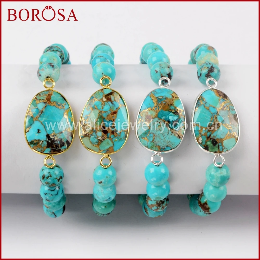 BOROSA 1/2/3PCS Gold/Silver Color Copper Natural Turquoises Faceted With 8mm Blue Bead Adjustable Bracelet Jewelry G1626 | Украшения и