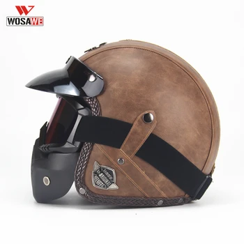

Motorcycle Helmet PU Leather Vintage Rivet 3/4 Helmets with Goggle Mask Casque Helmet capacete de motocicleta