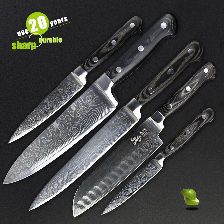 5 pcs damascus kitchen knives set stainless steel Janpan chef santoku utility set blade slicer cutter