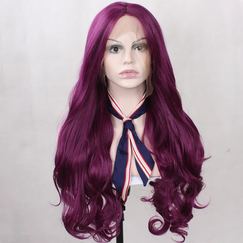 Long Synthetic Hair Lace Front Purple Wig For Women Natural Wavy Cheap