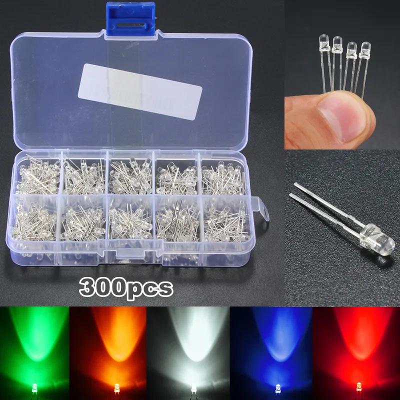 Kopen 300 Stks partij 3mm Led Lamp Emitting Diodes Lamp Assortiment Ronde Clear Diodes RGB Rood Geel Blauw groen Wit DIY Verlichting