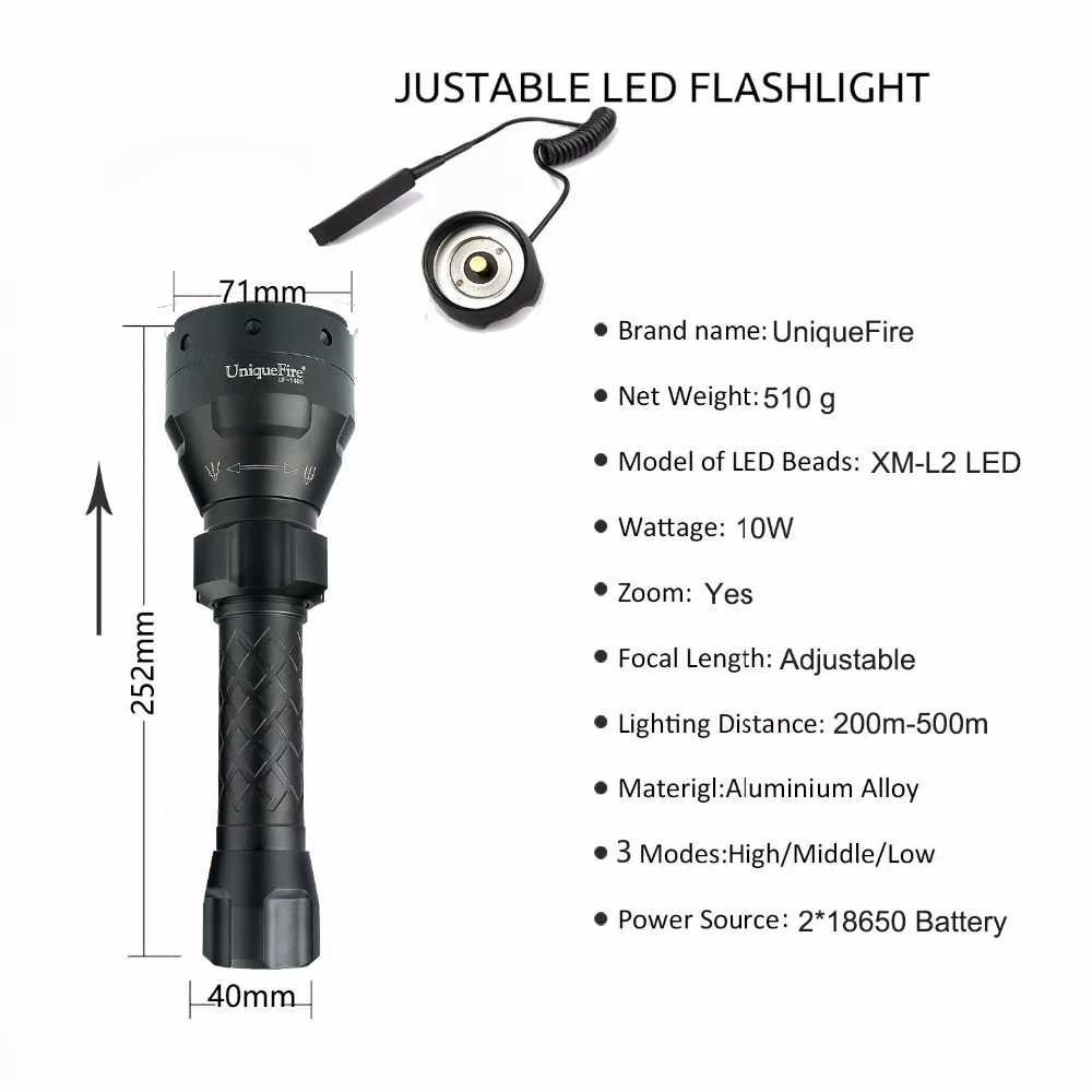 

UniqueFire 1405 Powerful Flashlight XML2 Rechargeable LED Strong Torch Waterproof Lamp+Rat Tail For Activities Outdoor