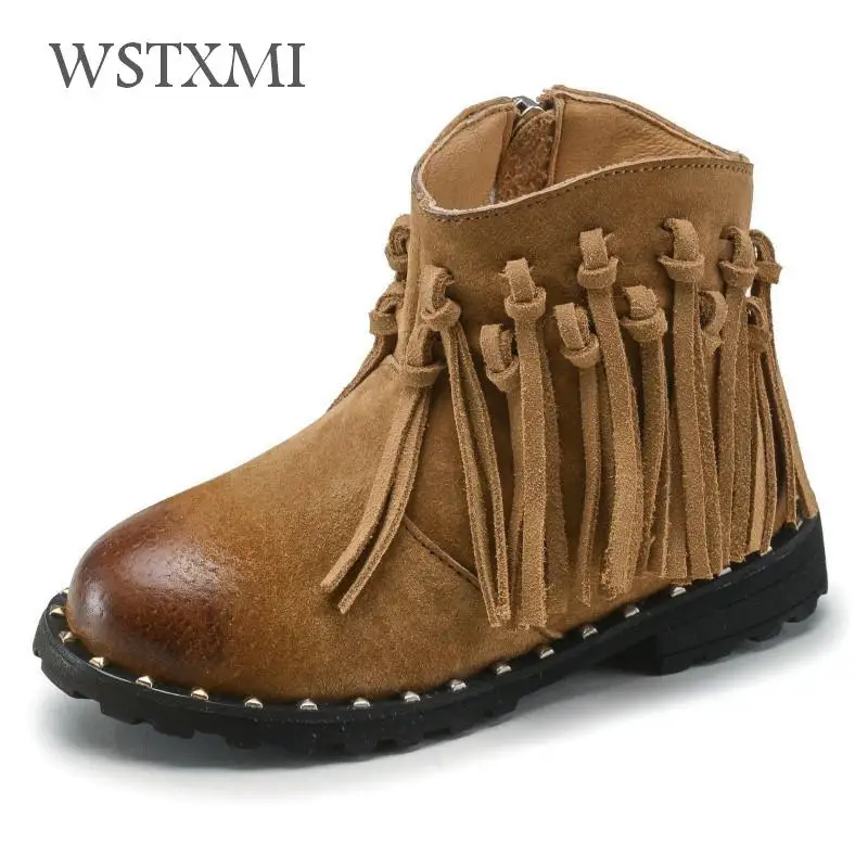 

Boots for Girls Winter Children Fringe Boots Genuine Leather Kids Ankle Boots Fashion Plush Warm Princess Shoes Rome Rubber Boot