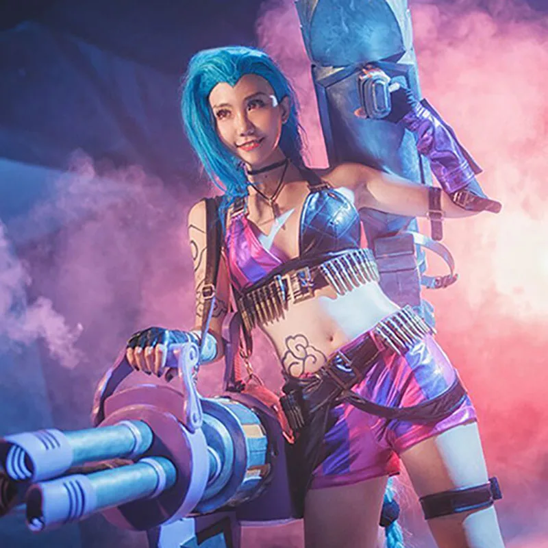 

Game LOL Loli Jinx Cosplay Costumes Halloween Party Magical Girl Sexy Uniforms Jinx TOP+Pant with Accessories For Women