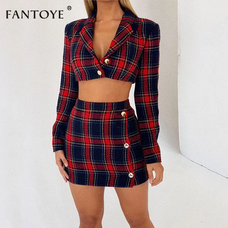 

Fantoye Plaid Vintage Sexy Two-piece Suit Women Dress 2018 Crop Top Button Winter Autumn Two Pieces Mini Party Dress Vestidos