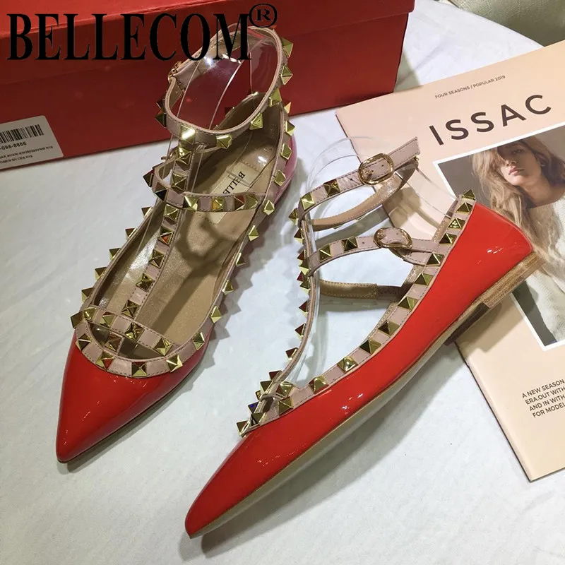 

BELLECOM V rivet pointed flat shoes with two circles of leather binding with flat heel and shallow opening rivet shoes