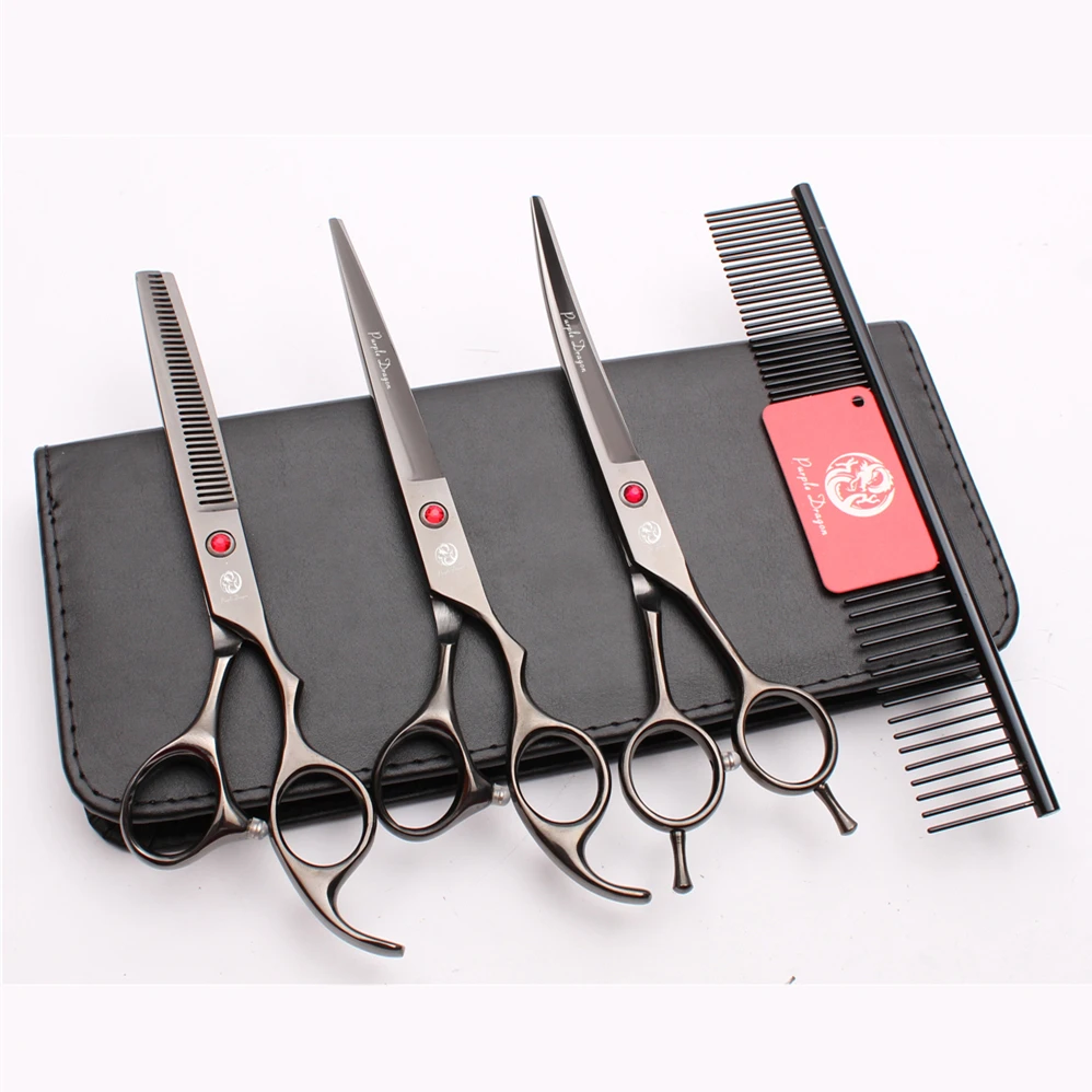 

Z3002 4Pcs 7" 19.5cm Purple Dragon Brand JP 440C Comb+Cutting+Thinning Scissors+UP Curved Shears Professional Pets Hair Scissors