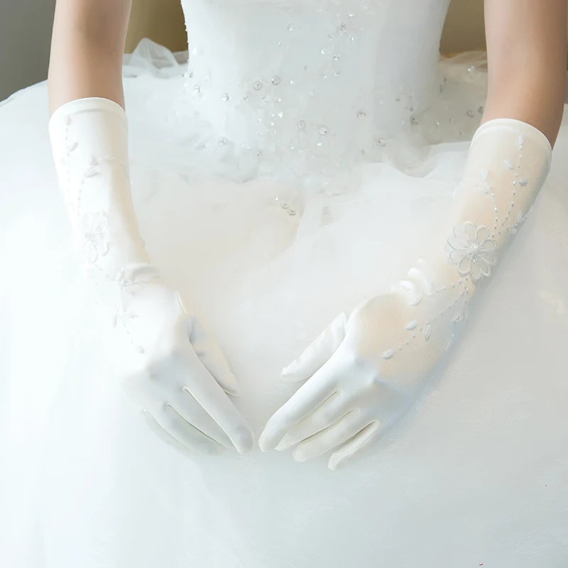 

Fashion Beaded Long Elbow Gloves for Wedding Bridal White Satin Full Finger Engagement Anniversary Glove Handmade