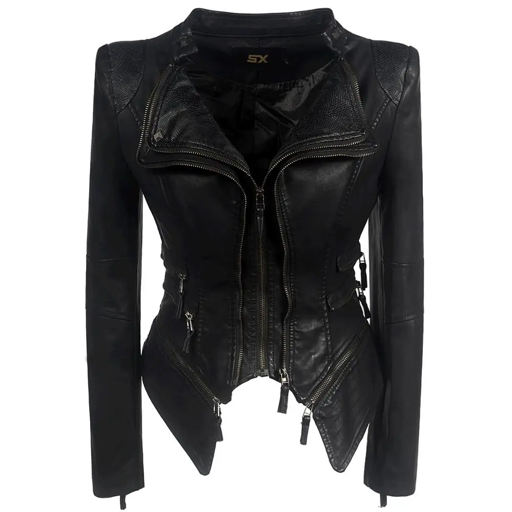 

SX Autumn winter casual Women's Short Snake scale Faux PU Leather Jacket Zipper vintage Motocycle Black Coats