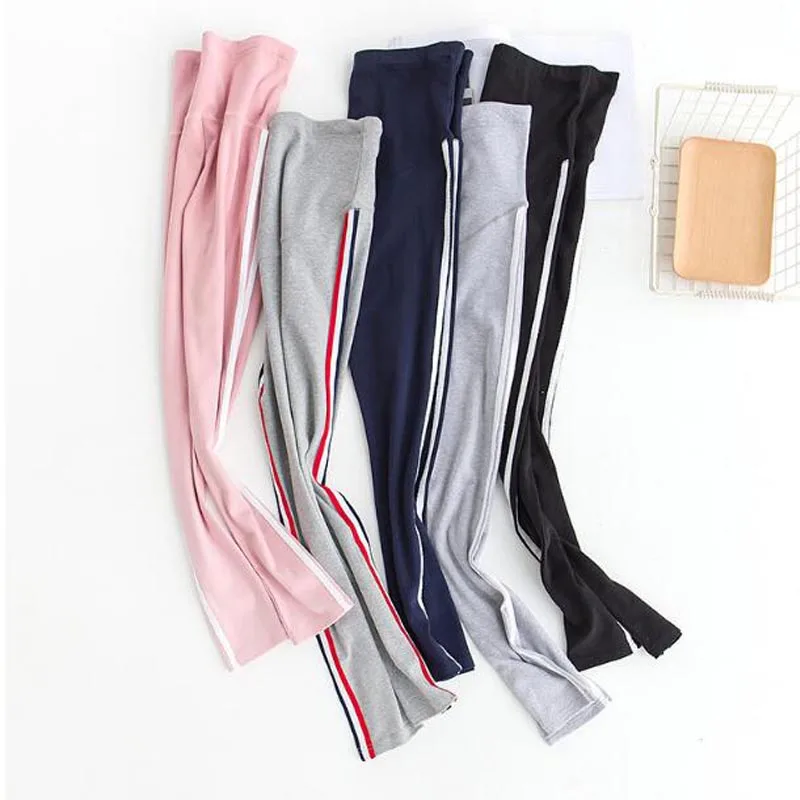 2018 pregnant women side striped cotton skinny leggings maternity high waist stretched belly trousers pencil pants  Elastic